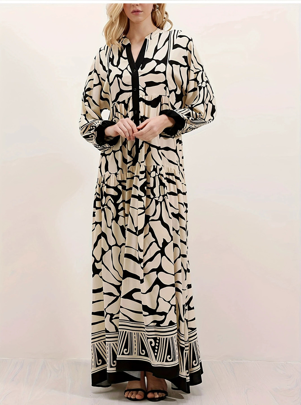 ZARA Elegant Black Long Sleeve Digital Print Maxi Dress
